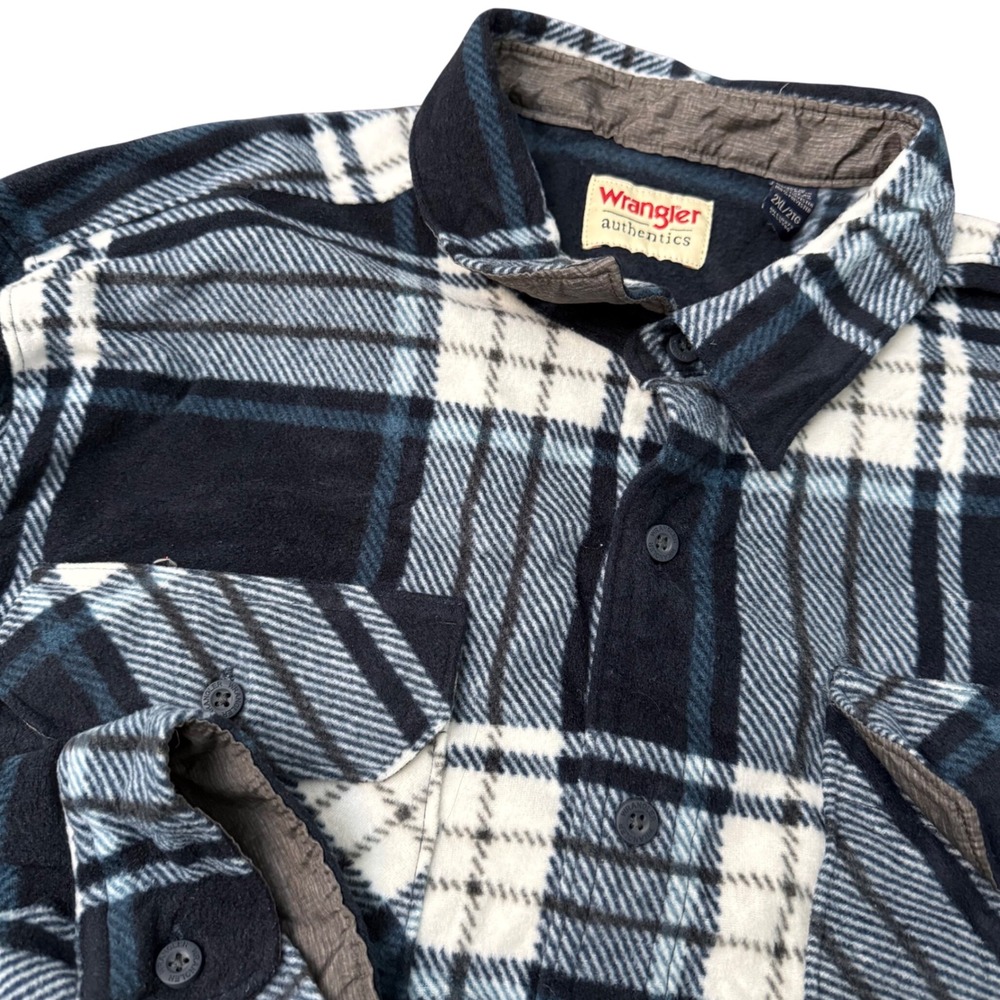 Wrangler Authentics Mens 2XL Fleece Plaid Button Down Shirt‎ Blue Long Sleeve